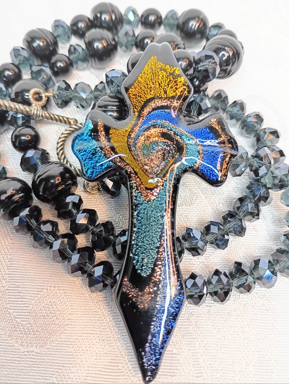 Black AB Glass Beaded Necklace  With Lampwork Glass Cross Pendant - Picture 5 of 5